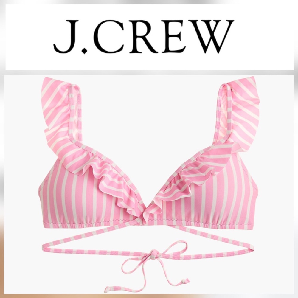 J. Crew Pink and White Ruffle Bikini Top